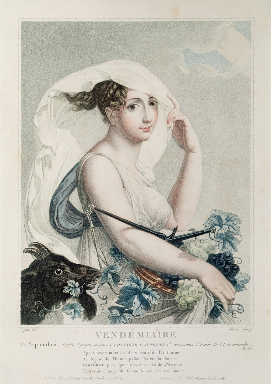 Vendemiaire (september oktober), första månaden i den republikanska kalendern, graverad av Tresca, ca 1794 av Louis Lafitte