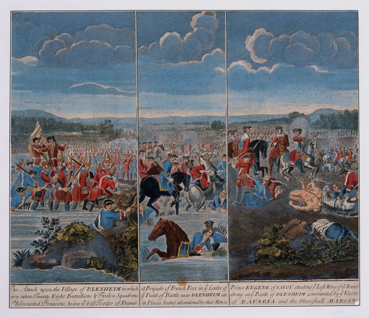 Tre paneler föreställande slaget vid Blenheim, c.1765 av Louis Laguerre