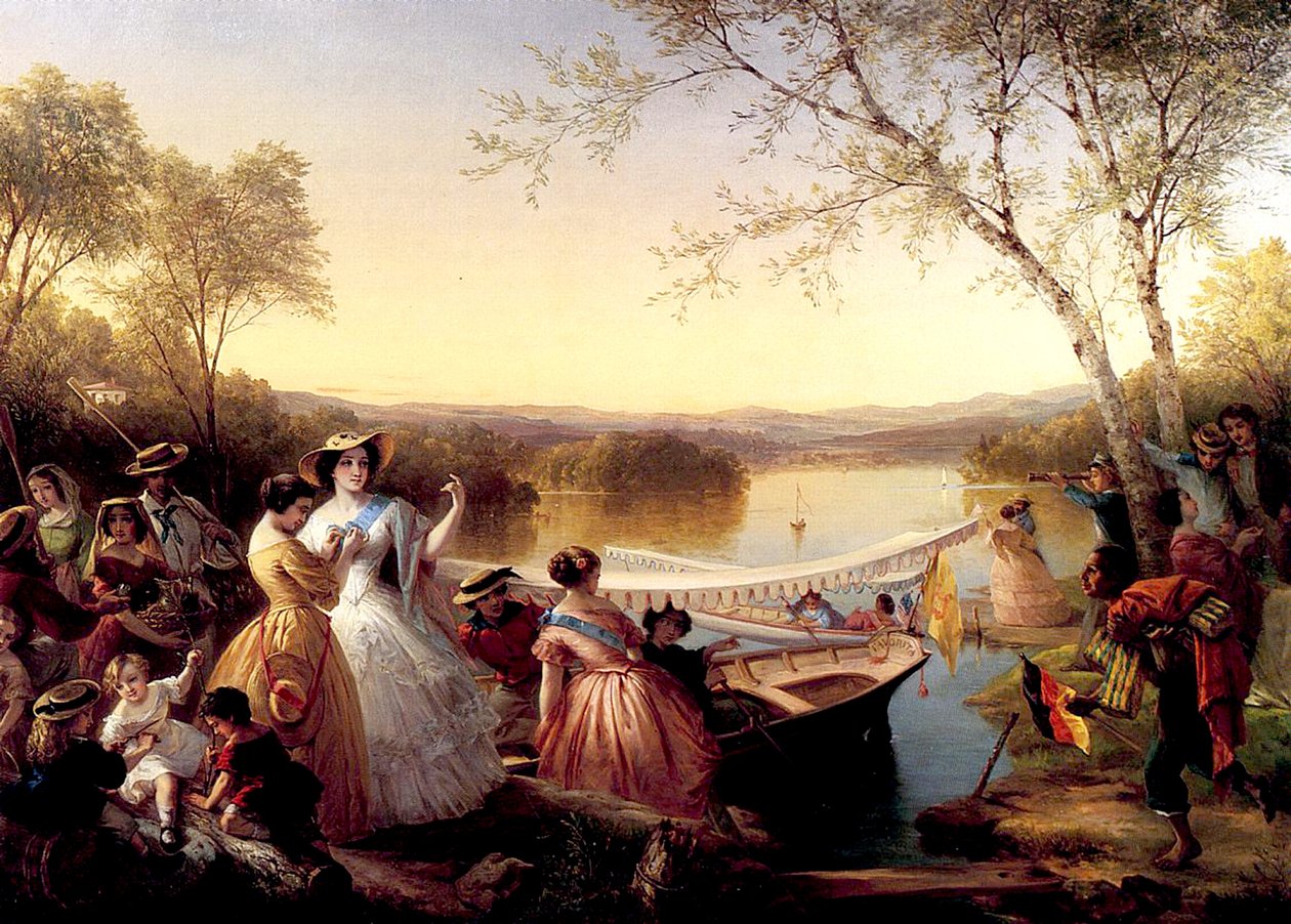 Innan en dambåtstävling, Lake Mahopac, 1864-65 av Louis Lang