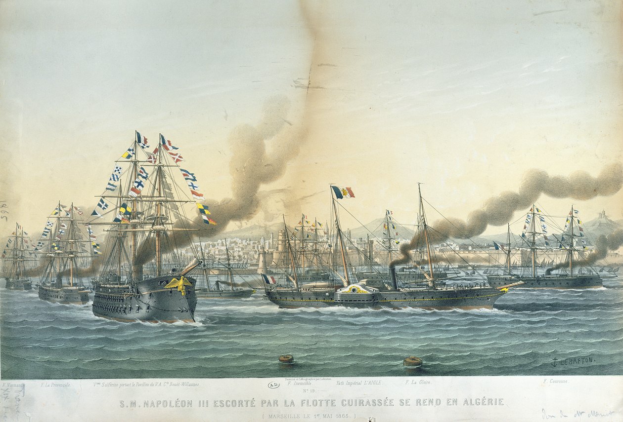 Napoleon III:s (1808-73) ankomst till Algeriet med en eskort av slagskepp, 1 maj 1865 av Louis Le Breton