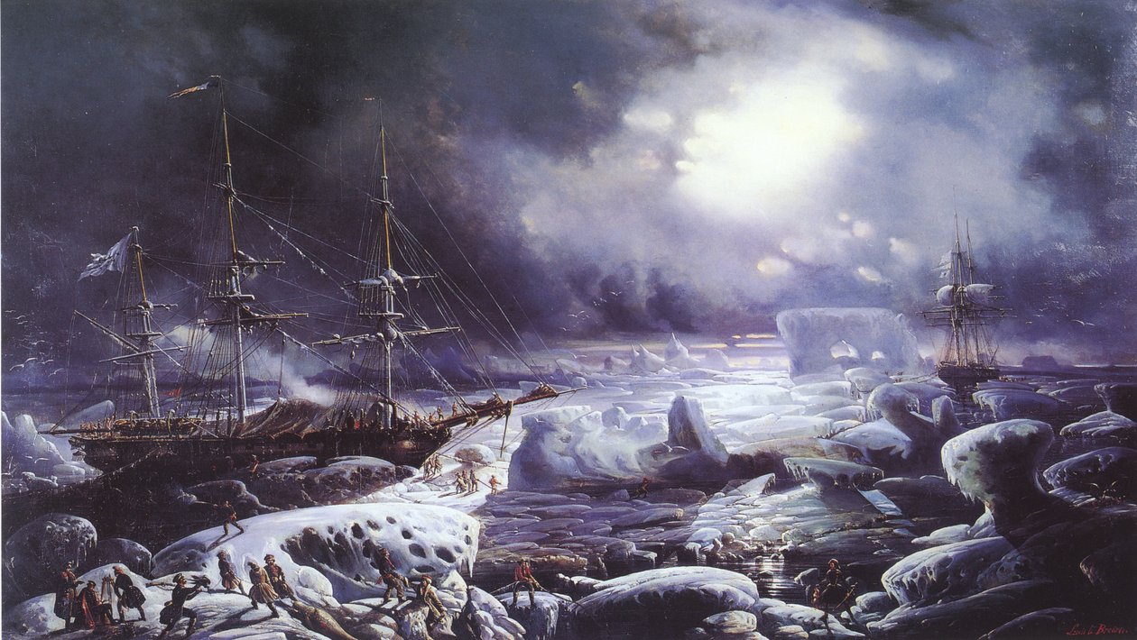 The Astrolabe and Zélée stranded in the Austral Ocean in February 1838 av Louis Le Breton