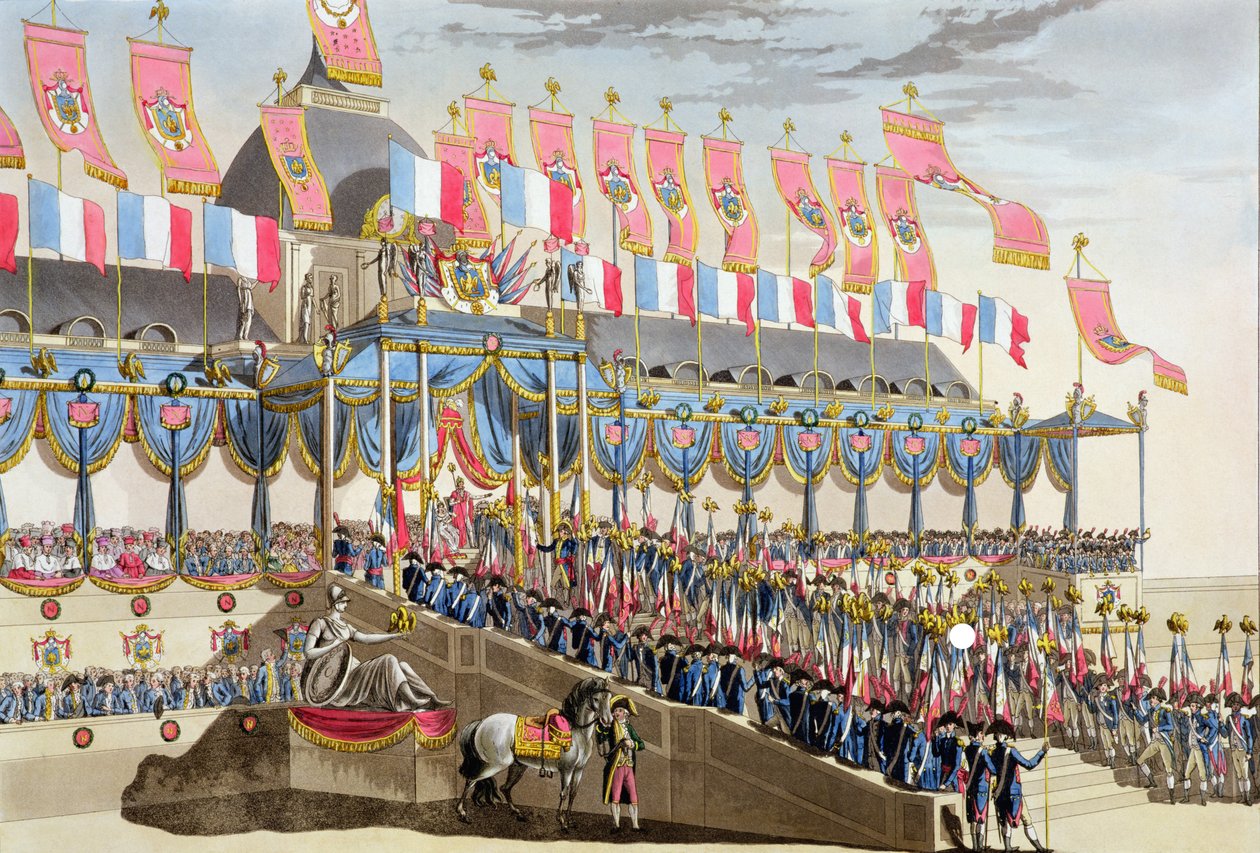 Helig fest och kröning av deras kejserliga majestäter, vy av dekorationerna framför Ecole Militaire vid Champ du Mars, graverad av Francois Aubertin (1783-1821), publicerad 1806 av Louis Le Coeur