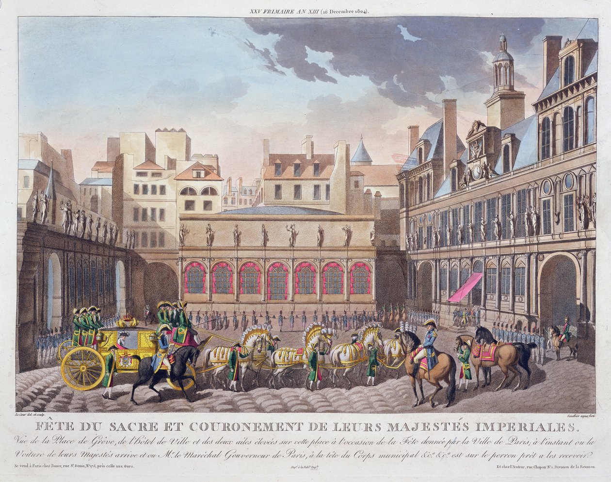 Helig festival och kröning av deras kejserliga majestäter, utsikt över Place de Greve och Hotel de Ville, graverad av Gauthier, publicerad 1806 (handtonad gravyr) av Louis Le Coeur