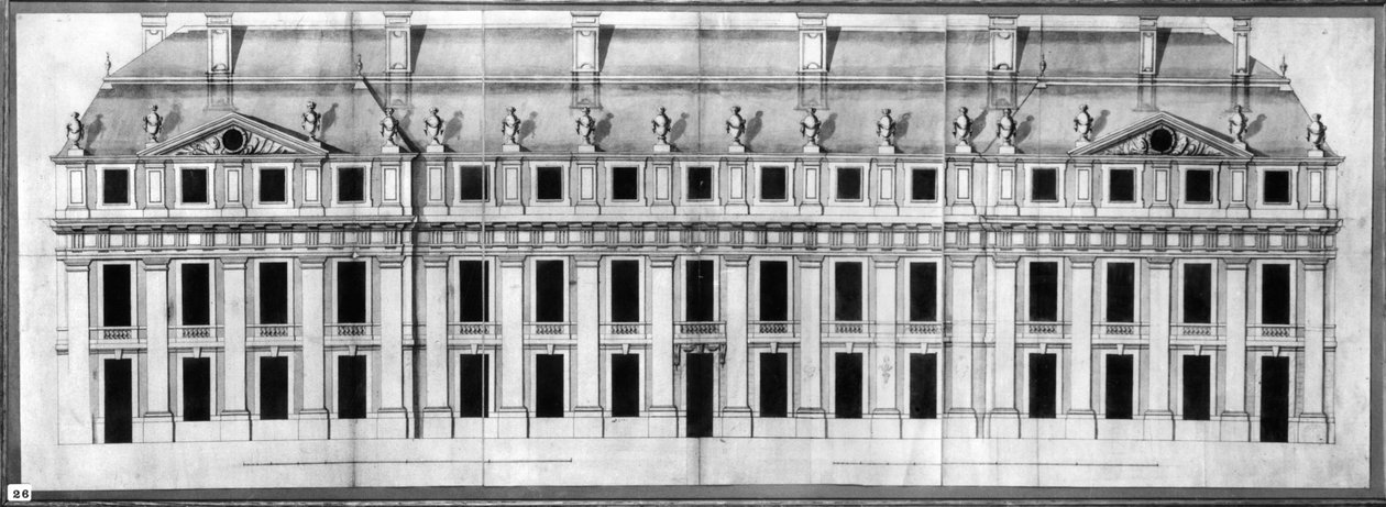 Chateau de Vincennes: Elevation of the Facade of a Corner Pavilion, 1658 (penna och bläck och tvätt på papper) av Louis Le Vau