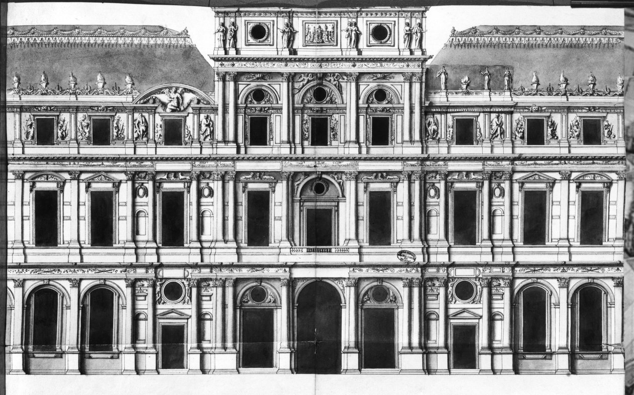 Louvren: Louvren: Paviljongen i mitten av floden, ca 1660-63 (penna, bläck och tvätt på papper) av Louis Le Vau