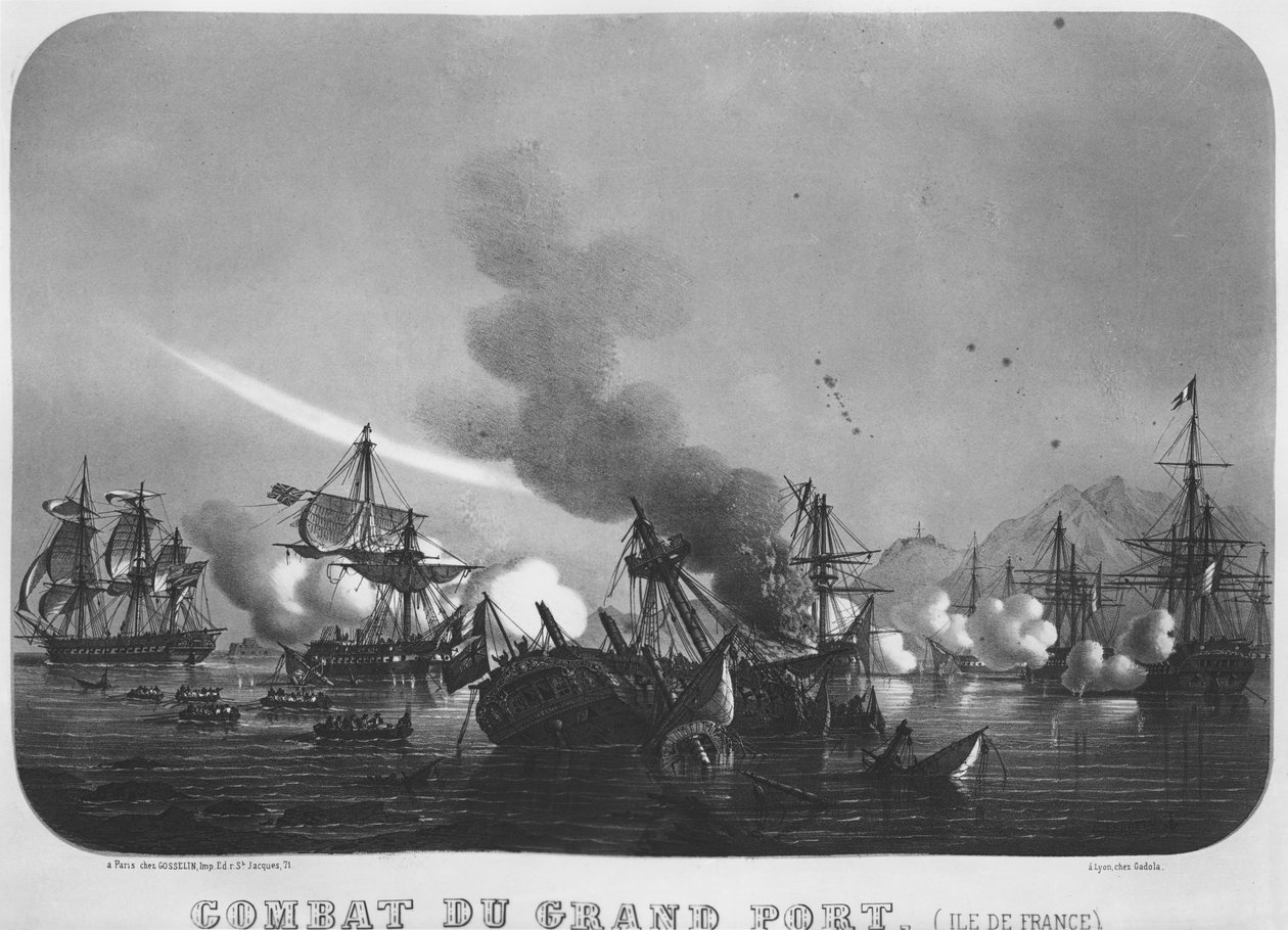 Sjöslaget vid Grand Port, Mauritius, 1810 av Louis Le Breton