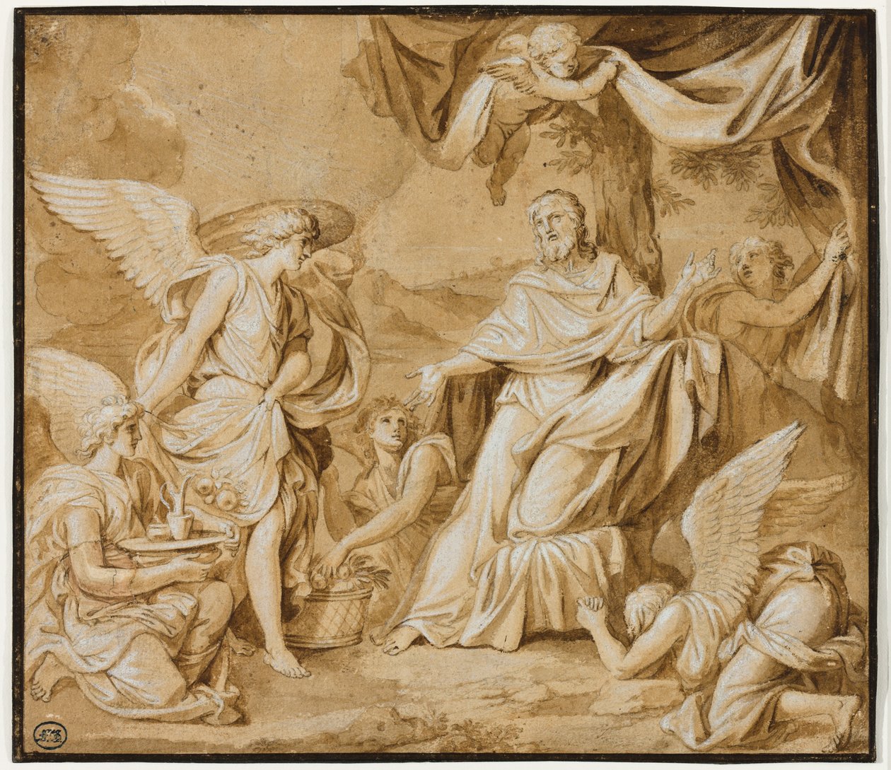 Änglar som tjänar Kristus (pensel och bläck över grafit, med vitt, på papper) av Louis Licherie de Beuron