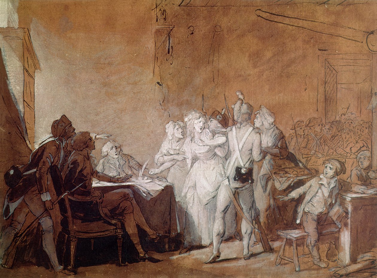 Arresteringen av Charlotte Corday (penna och bläck och wc på papper) av Louis Leopold Boilly