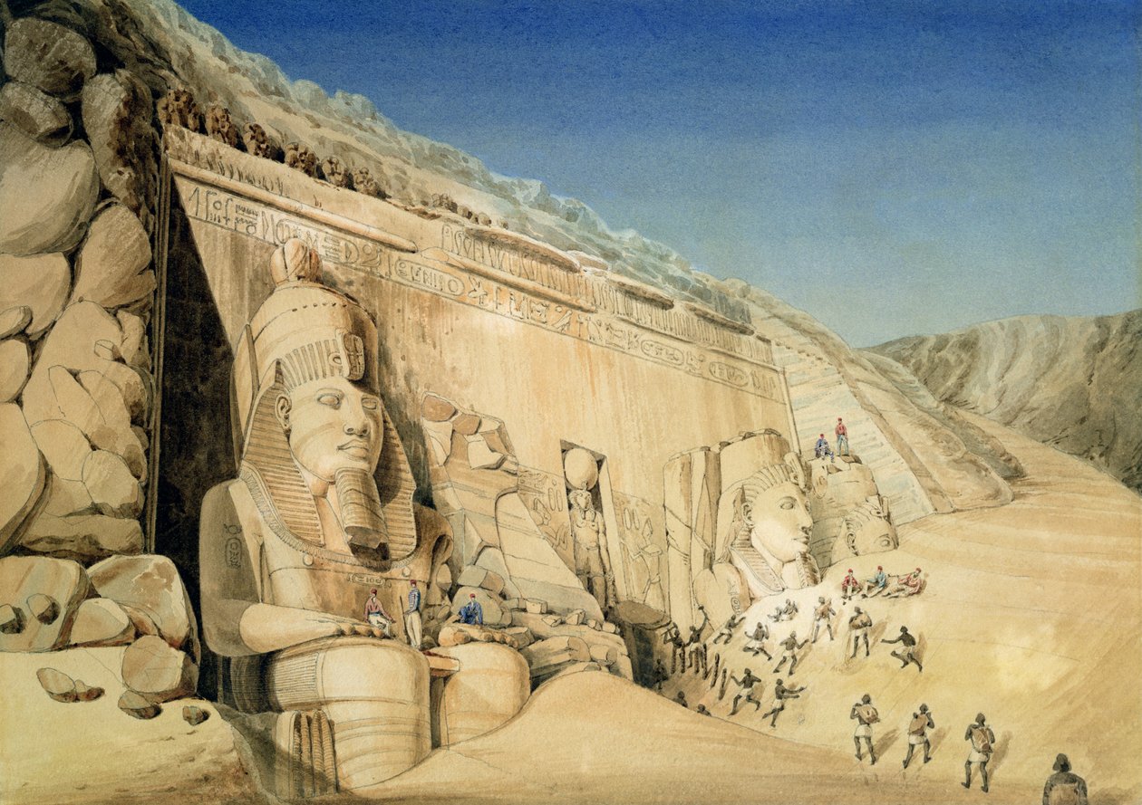 Utgrävningen av Ramses II:s stora tempel, Abu Simbel (wc på papper) av Louis M.A. Linant de Bellefonds