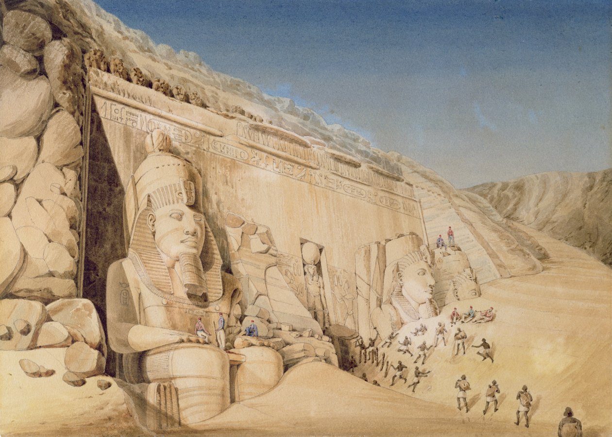 Utgrävningen av Ramses II:s stora tempel, Abu Simbel, 1819 av Louis M.A. Linant de Bellefonds