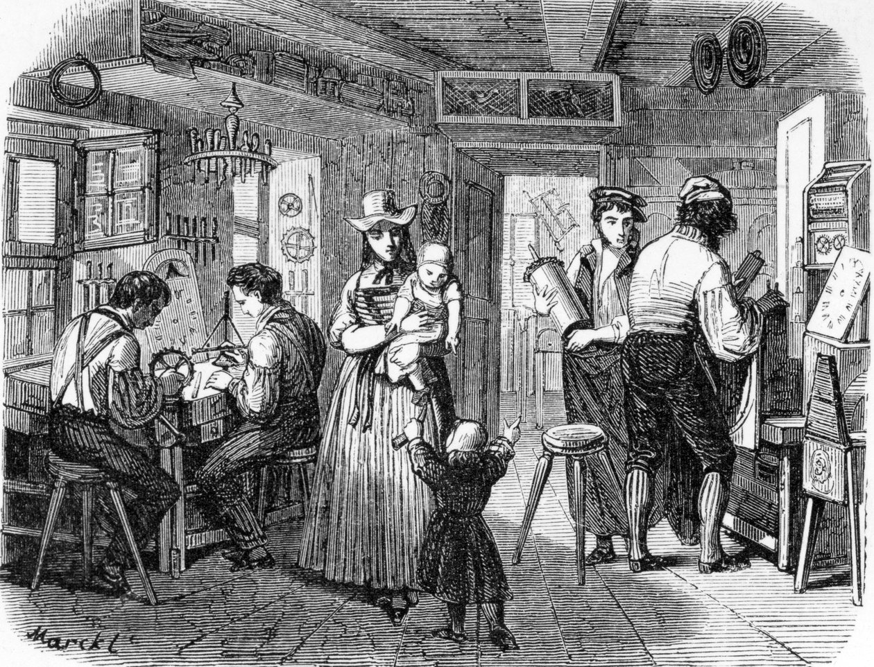 Clockmakers of the Black Forest, illustration från "A Summer in Baden Baden" av E. Guinot, tryck av Bertrand, ca. 1850 av Louis Marckl