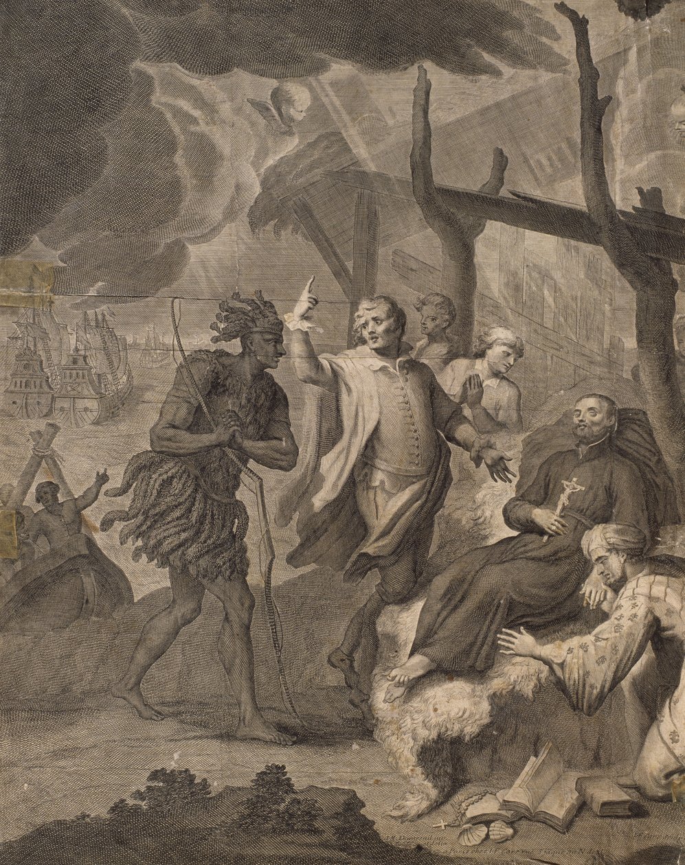De första fransmännen som anländer till Kanada, graverad av Laurent Cars (1699-1771) av Louis Michel Dumesnil