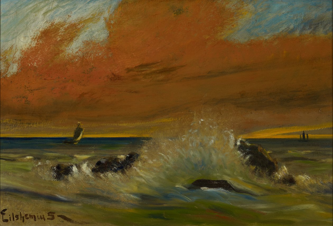 Solnedgang, 1916 (olie på papir monteret om bord) swed av Louis Michel Eilshemius