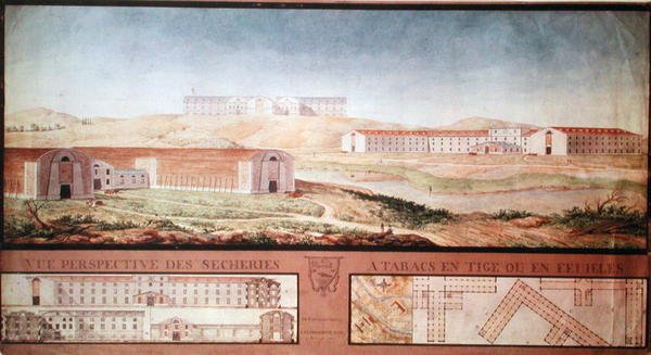 Perspective View of Tobacco Drying Factory, 1813 (wc på papper) av Louis Michel Phelippeaux