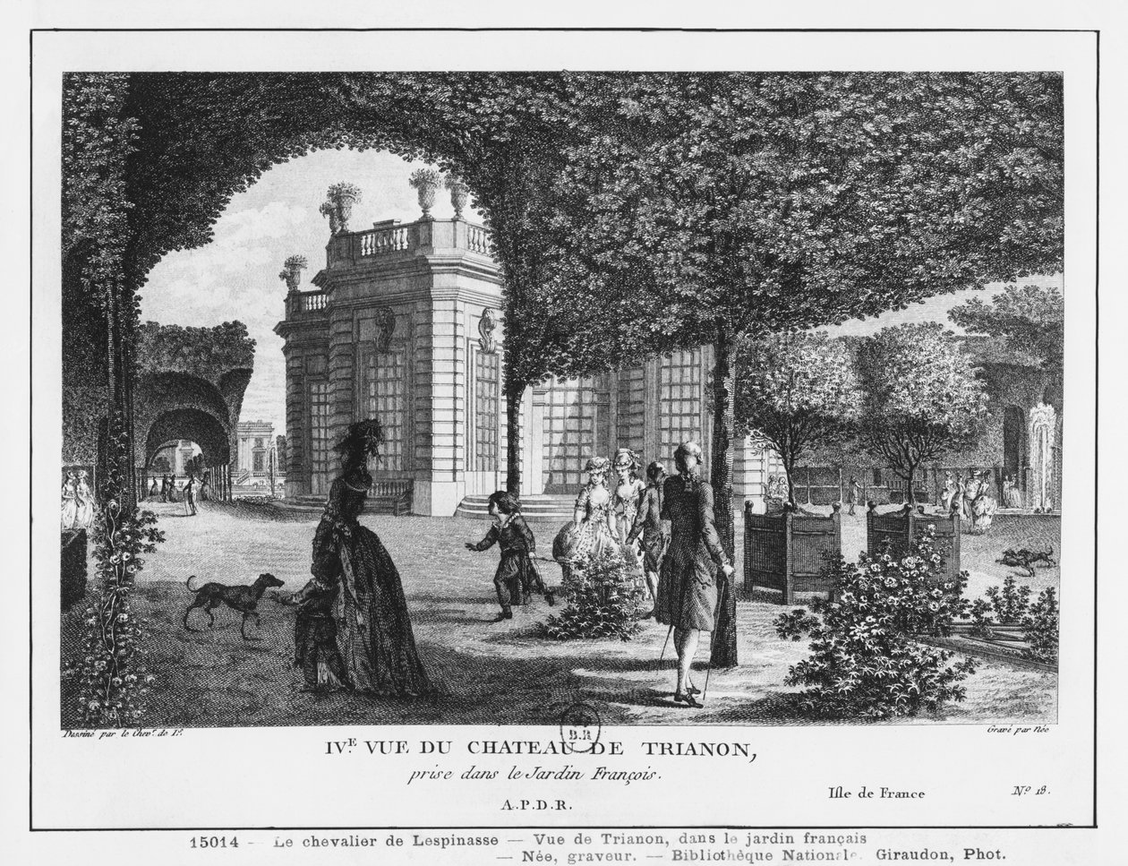 Fjärde vy av Trianon, tagen i den franska trädgården, graverad av Francois Denis Nee (1732-1817) av Louis Nicolas de Lespinasse