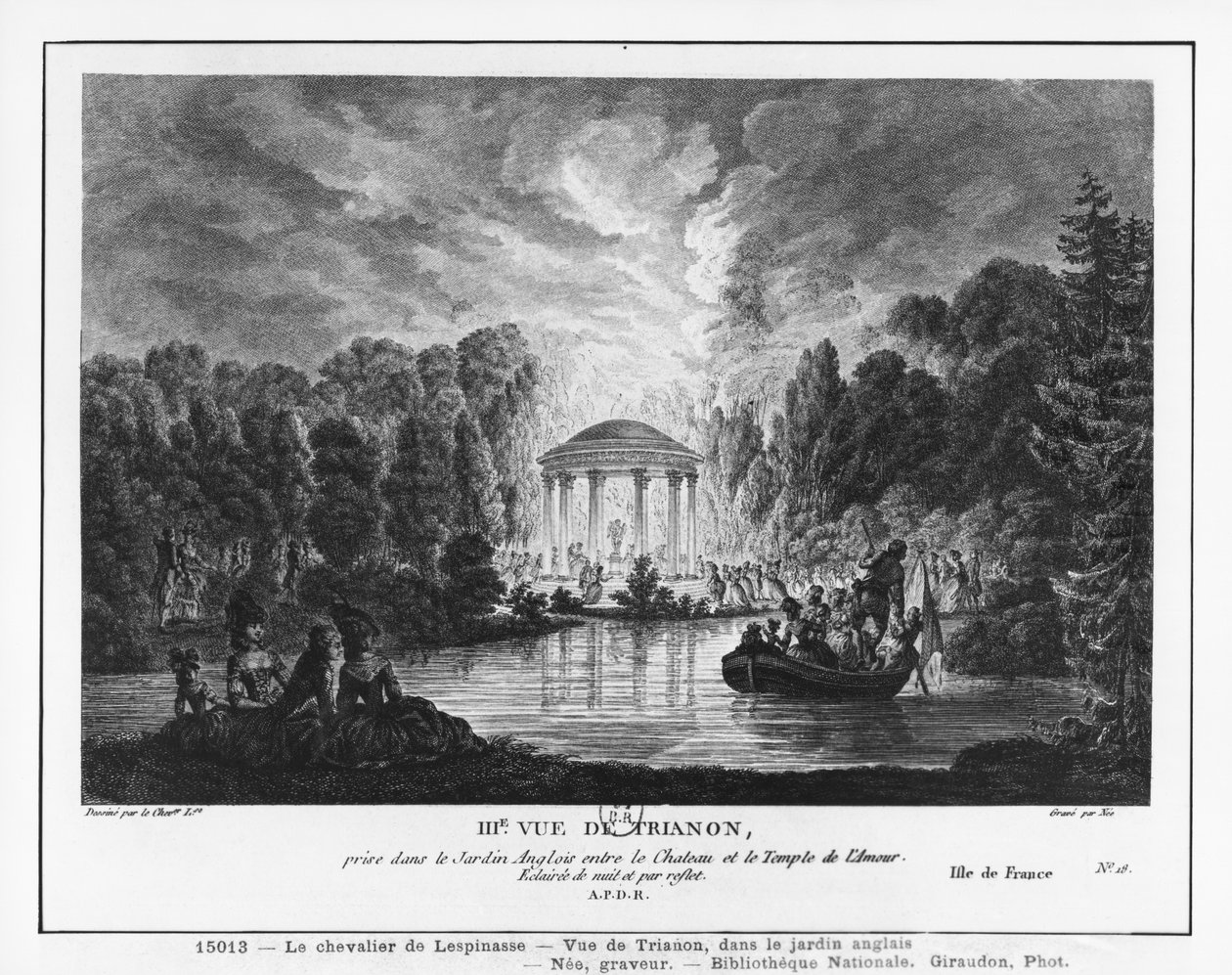 Tredje vy av Trianon, tagen från den engelska trädgården mellan slottet och kärlekens tempel, graverad av Francois Denis Nee (1732-1817) av Louis Nicolas de Lespinasse