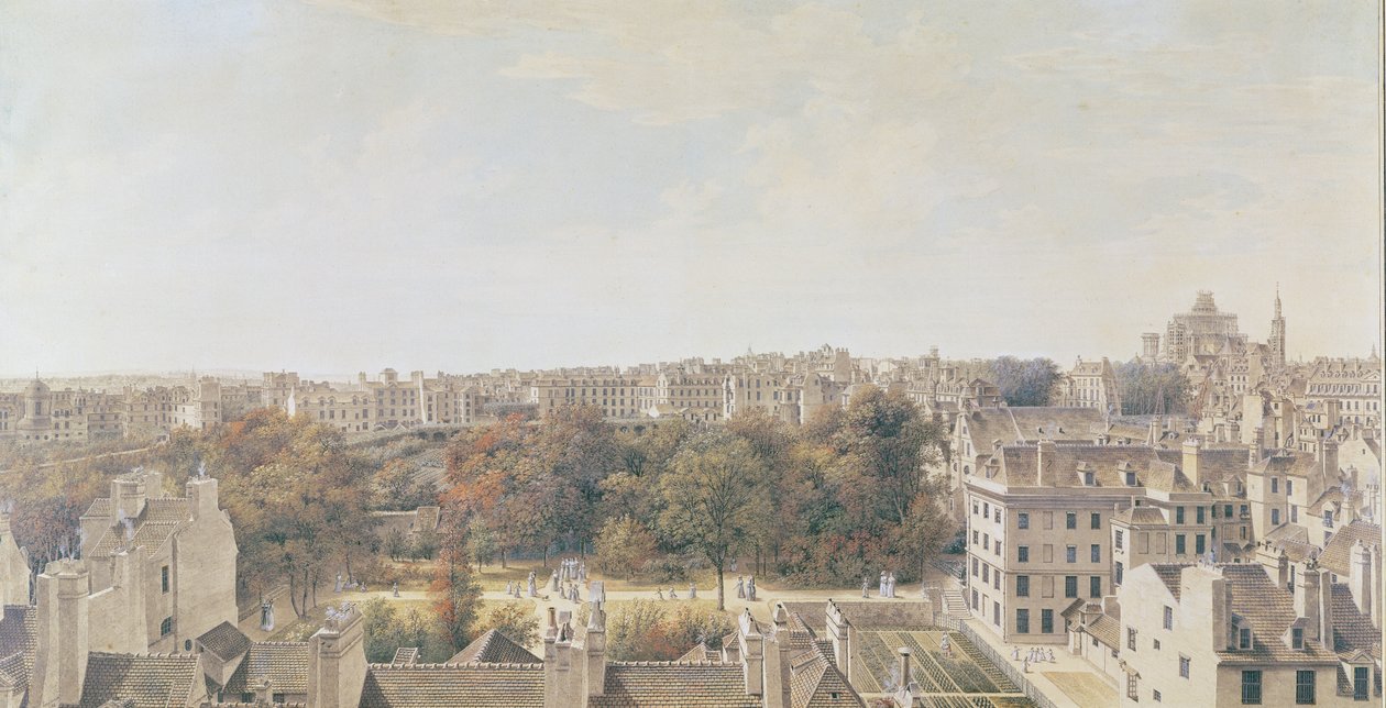 Utsikt över Paris från Belvedere of M. Fornelle, rue des Boulangers, 1787 (penna, brunt bläck, wc och gouache på papper) av Louis-Nicolas de Lespinasse
