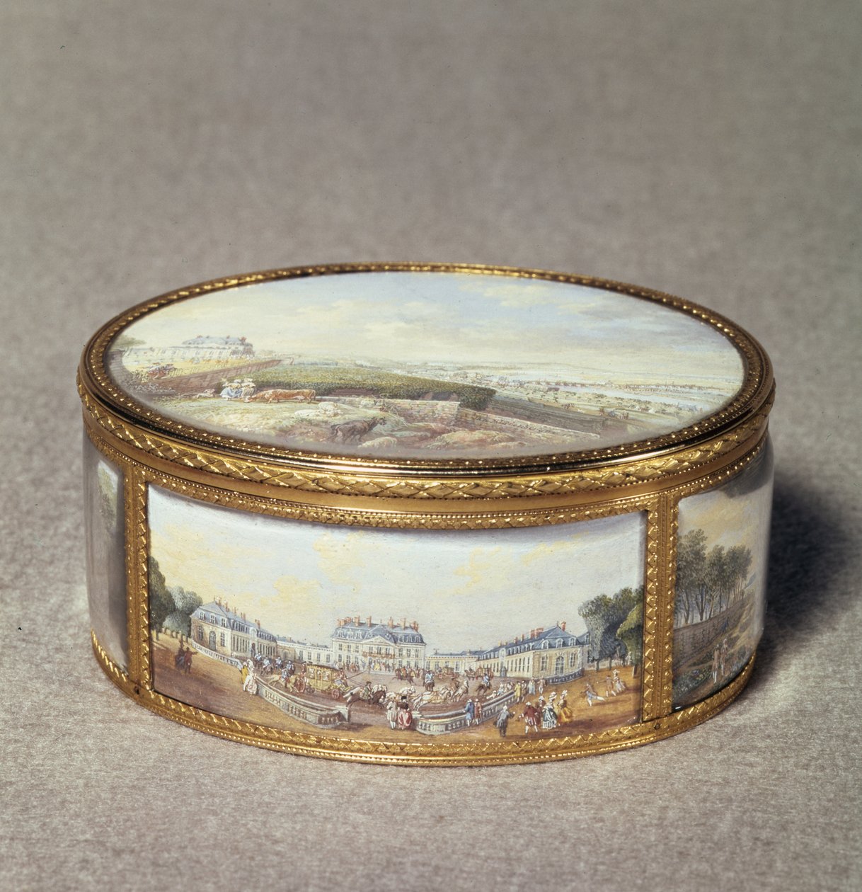 Snusdosa målad med utsikt över Schloss Bellevue (emalj på guld) av Louis Nicolas van Blarenberghe