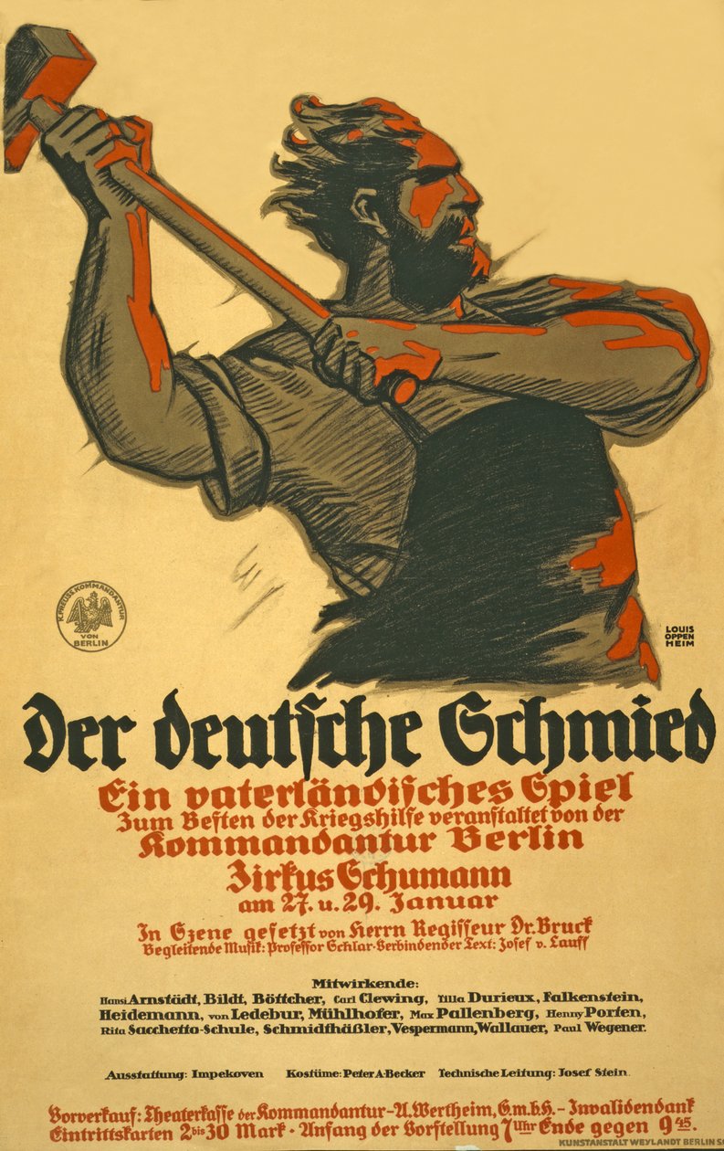 Affisch som tillkännager en pjäs till förmån för tysk krigshjälp, c.1914-18 av Louis Oppenheim