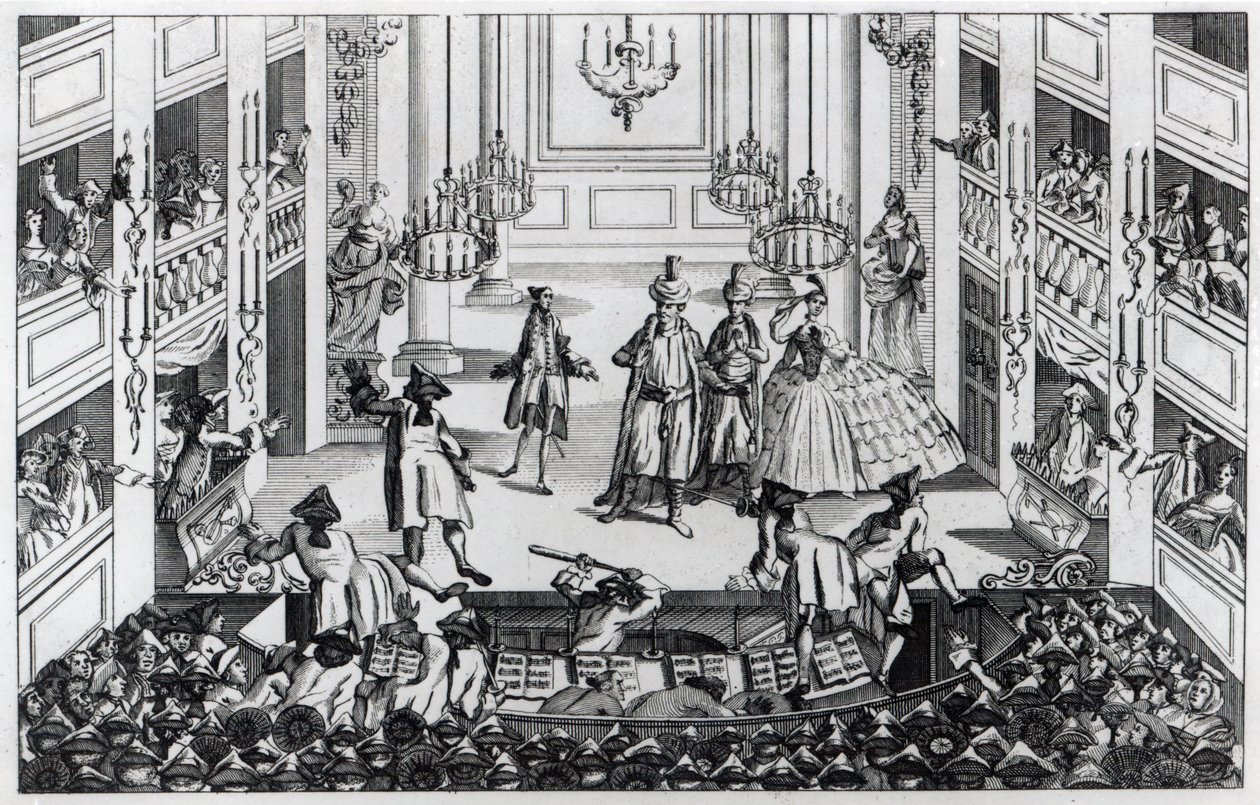 Upplopp vid Covent Garden Theatre 1763 till följd av att cheferna vägrade erkänna halva priset i Artaxerxes opera av Louis Philippe Boitard