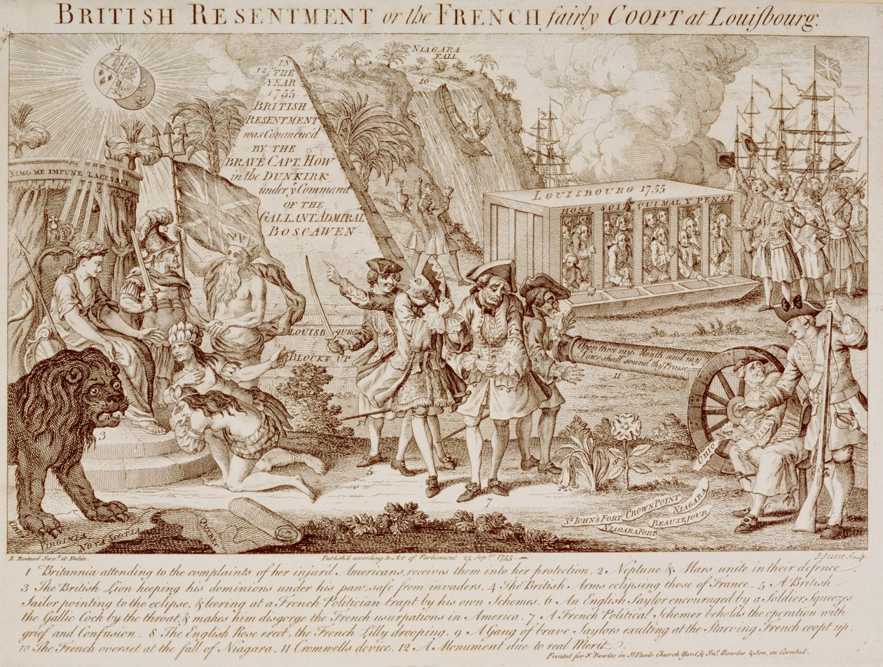British Resentment eller, den franska Fairly Coopt i Louisbourg, publicerad 25 september 1755 (se även 251585) av Louis Philippe after Boitard