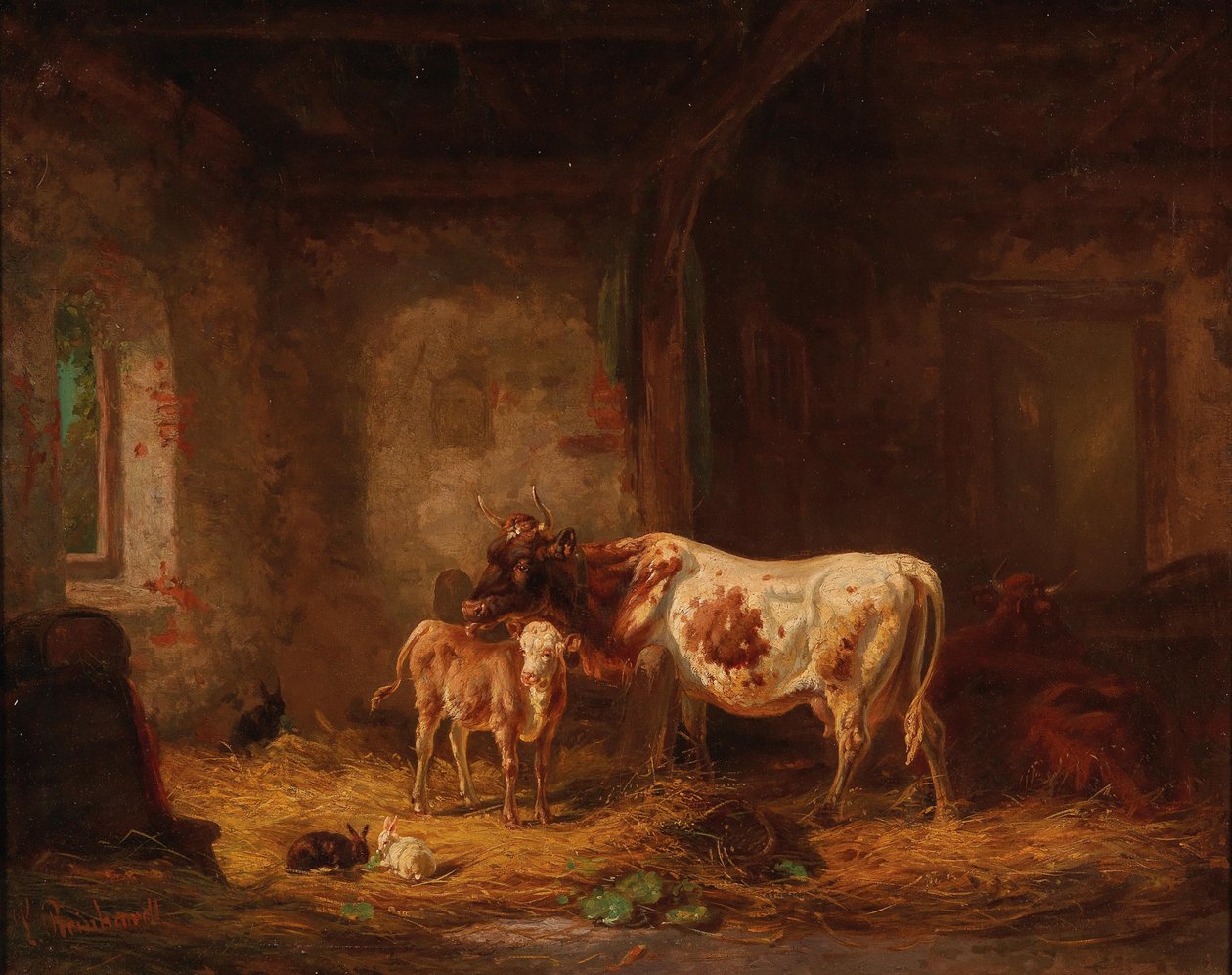 Cows and Rabbits in the Barn av Louis Reinhardt