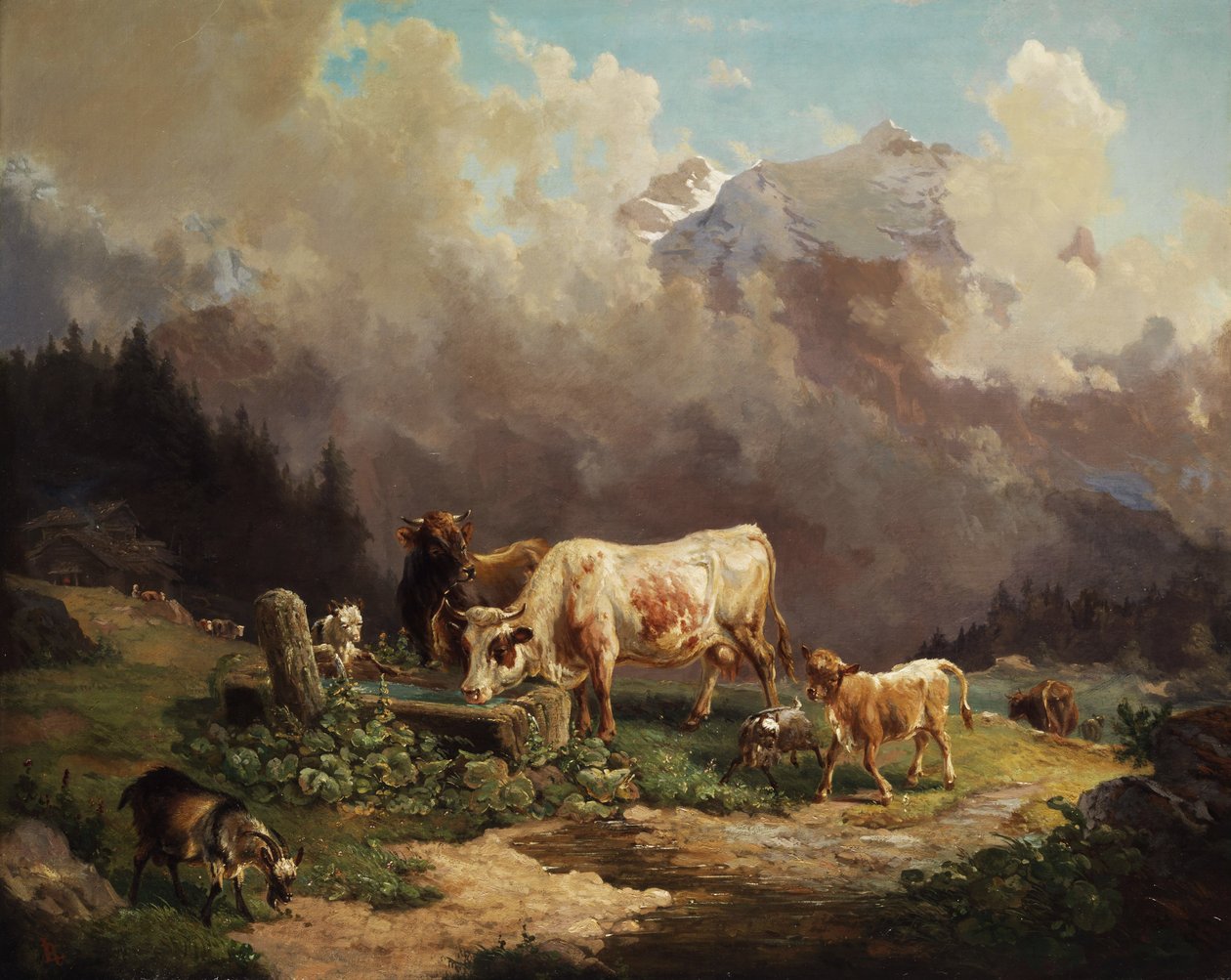 Vieh im Hochgebirge an der Tränke av Louis Reinhardt