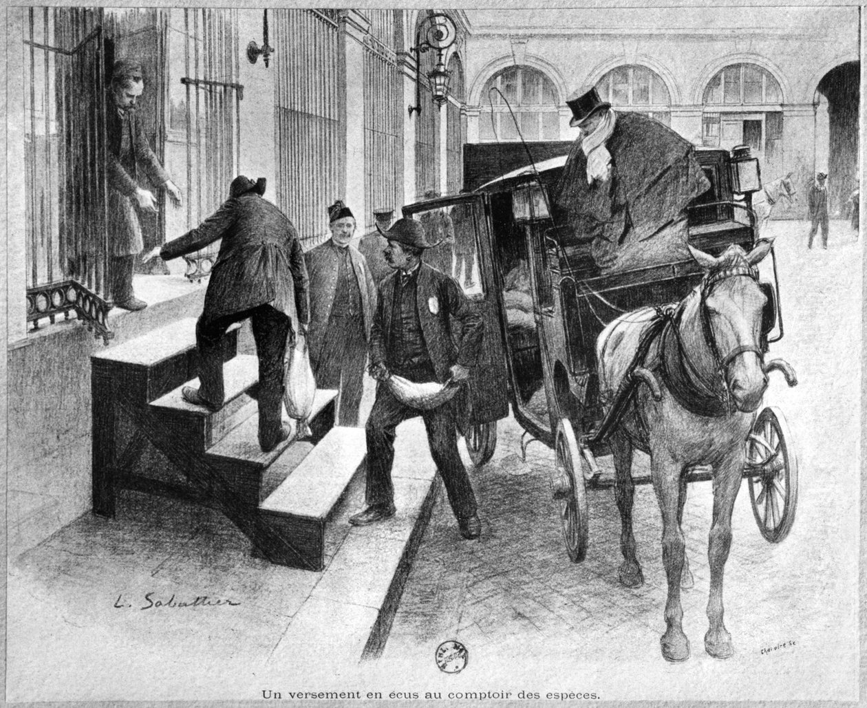 En deposition av kronor vid kassadisken, graverad av Chaivire (1800-talet) 1897 av Louis Remy Sabattier