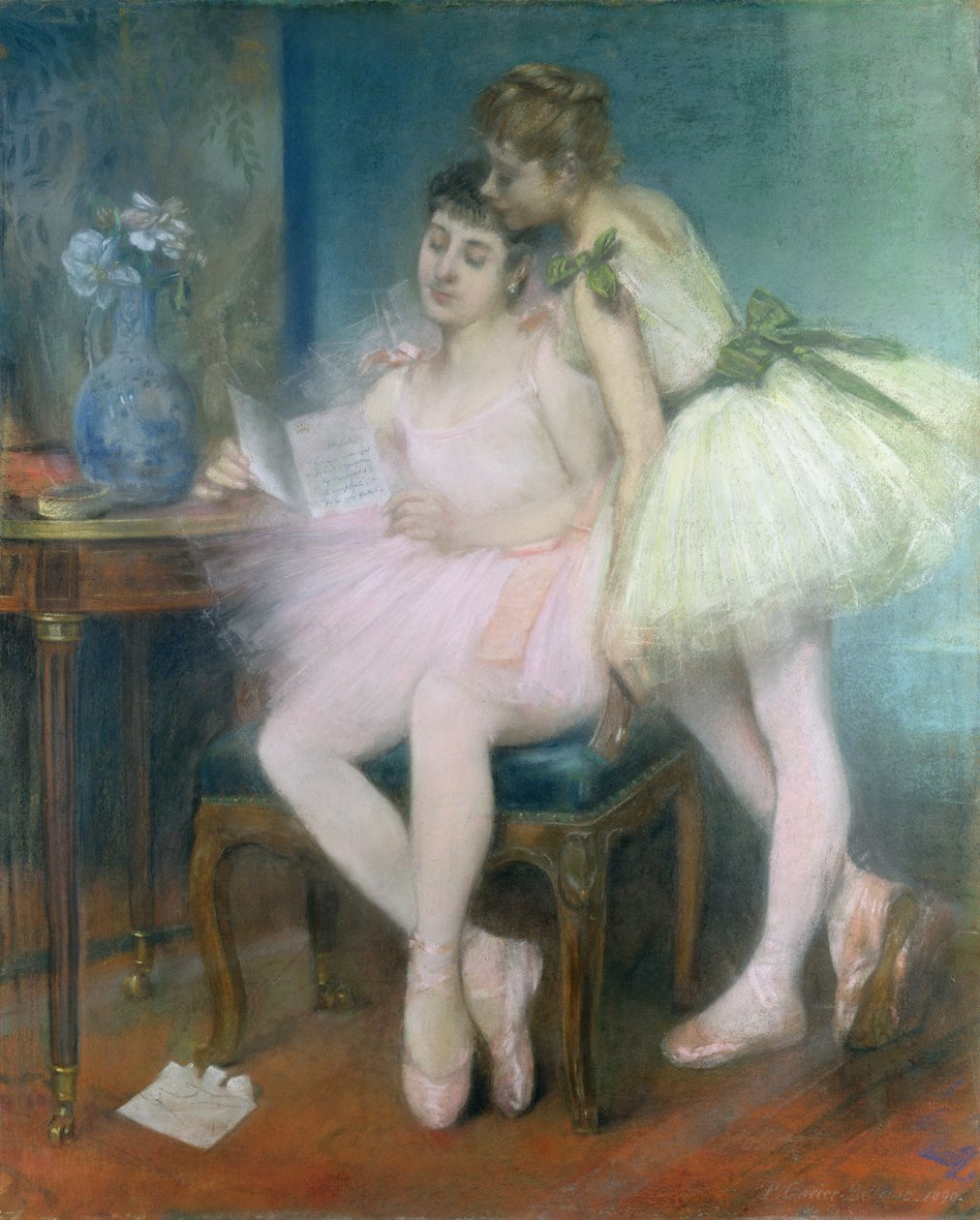 La Lettre (Brevet) 1890 (pastell på papper nedlagd på duk) av Louis Robert Carrier Belleuse