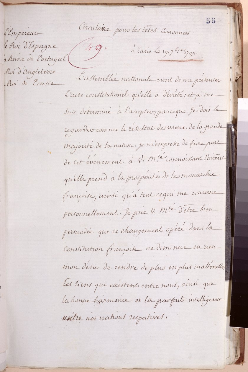 Brev till de europeiska suveränerna skrivet av Ludvig XVI (1754-93) som förklarar hans beslut att acceptera konstitutionen från 1791, 19 juli 1791 av Louis XVI