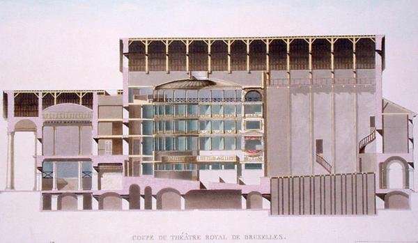 Tvärsnitt av Theatre Royal, Bryssel, från valet av de mest framstående monumenten, byggnaderna och husen i kungariket Nederländerna av Pierre Jacques Goetghebuer, graverad av författaren, publicerad 1 av Louis Damesme