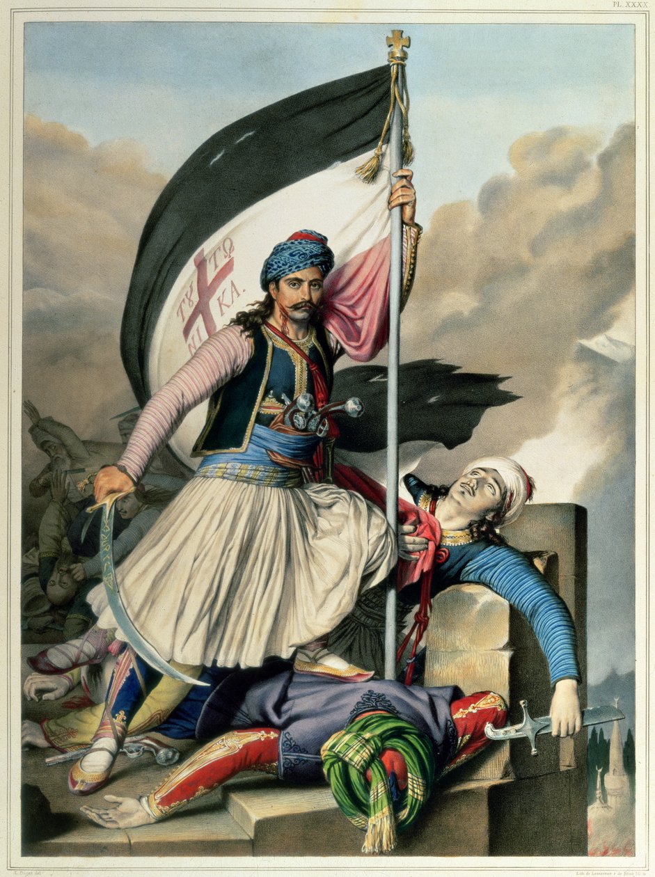 Resa till Aten och Konstantinopel: Nickolaki Mitropolos tar korsets standard i Salona på påskdagen 1821, 1825 av Louis after Dupre
