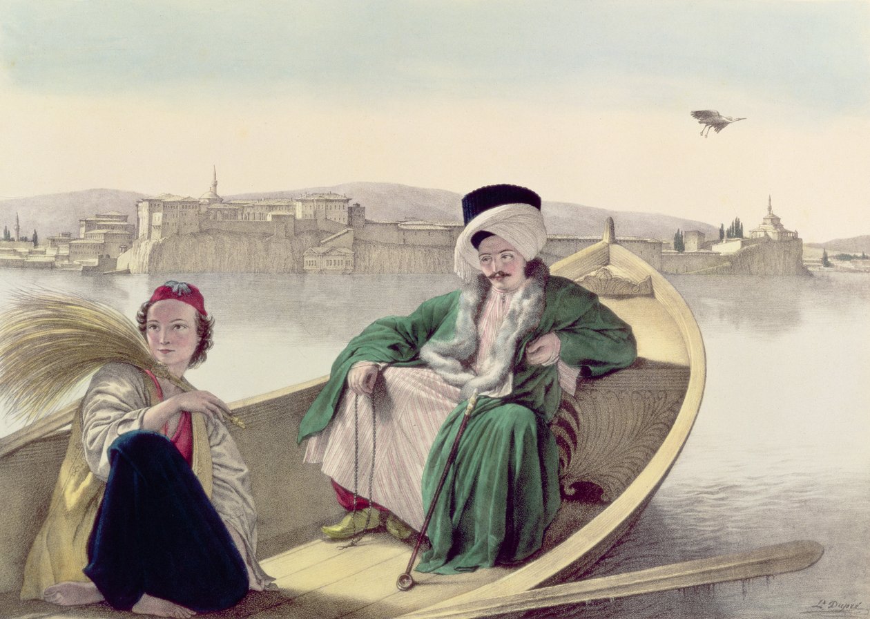 Resa till Aten och Konstantinopel: Janinas palats och fästning, sett från sjön, en turk och en ung grek av Louis after Dupre