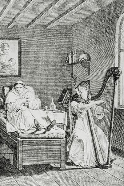 Medan hon sjöng, lyssnade Ambrosio med förtjusning, graverad av LEpine av Louis Lafitte