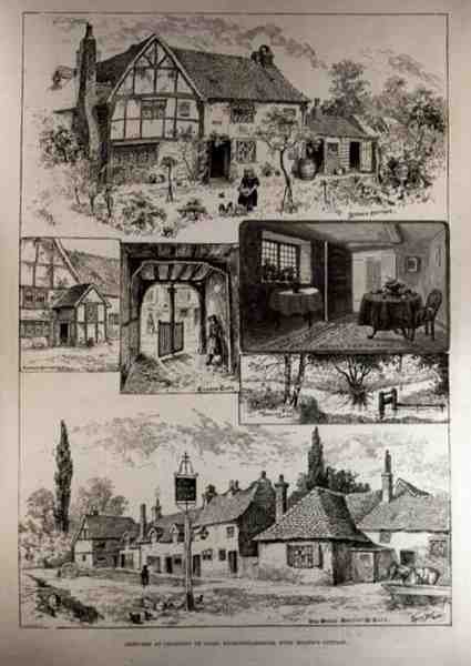 Skisser på Chalfont St. Giles, Buckinghamshire, med Miltons Cottage, från The Illustrated London News, 4 juni 1887 av Louis Wain
