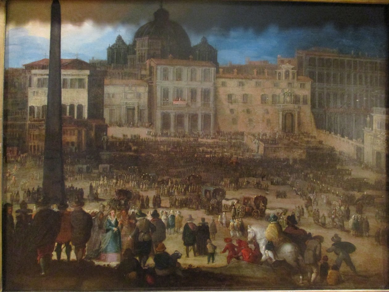 Vue de la place Saint-Pierre de Rome lorsque le pape Clément VIII apparaît à la loggia après son élection en 1592 av Louis de Caullery