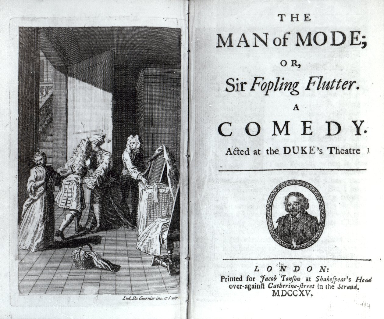 Frontispice och titelsida för The Man of Mode, eller Sir Fopling Flutter av George Etherege, publicerad 1715 av Louis du Guernier