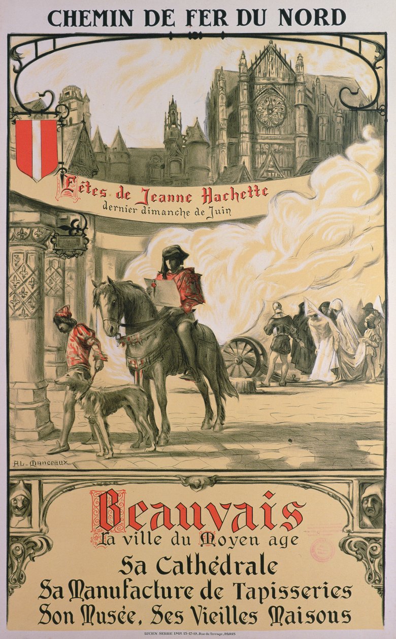 Beauvais - medeltidens stad (färg litho) av Louis Antoine Manceaux