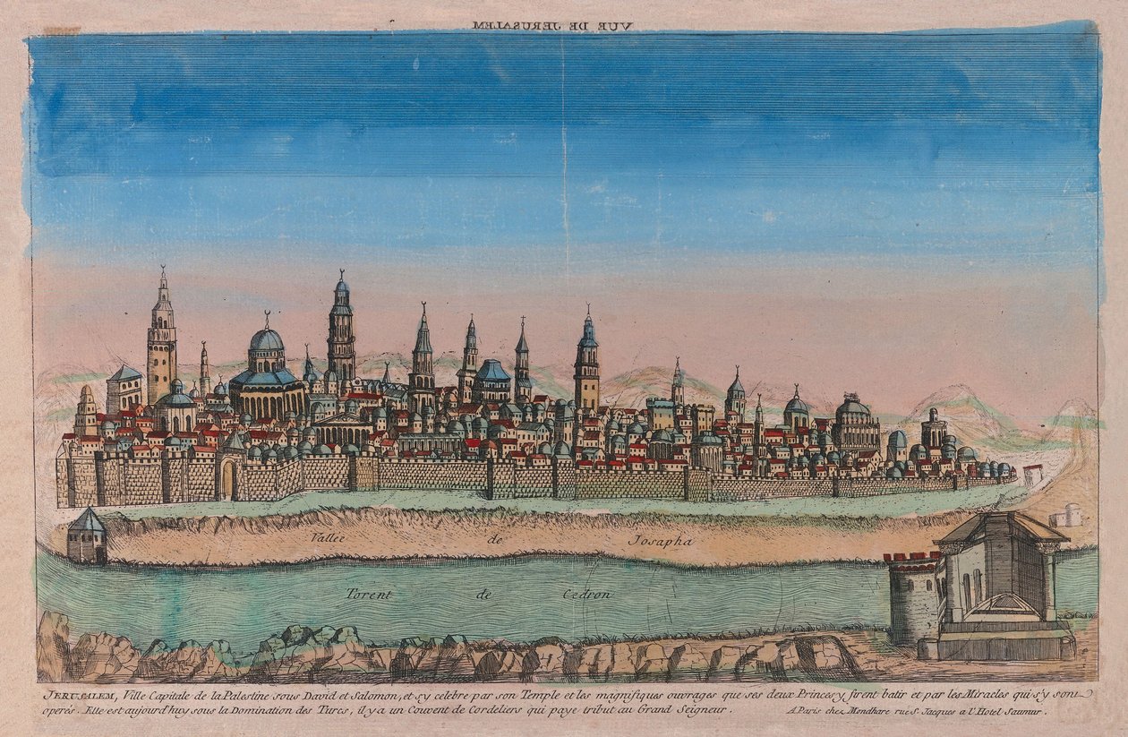 Vy över Jerusalem, 1770 (handkolorerad gravyr) av Louis Joseph Mondhare