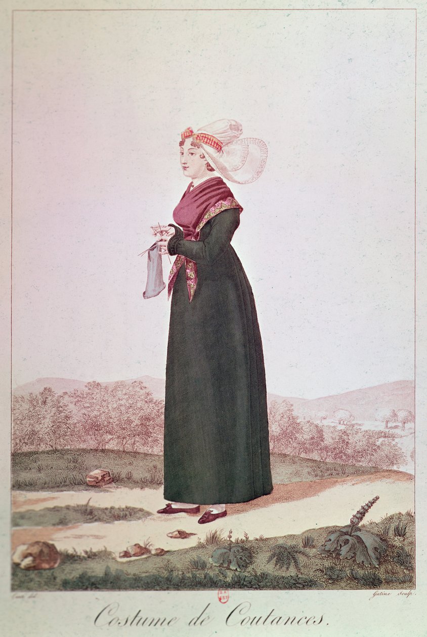 Kvinnlig kostym från Coutances, graverad av Georges Jacques Gatine av Louis Marie Lante