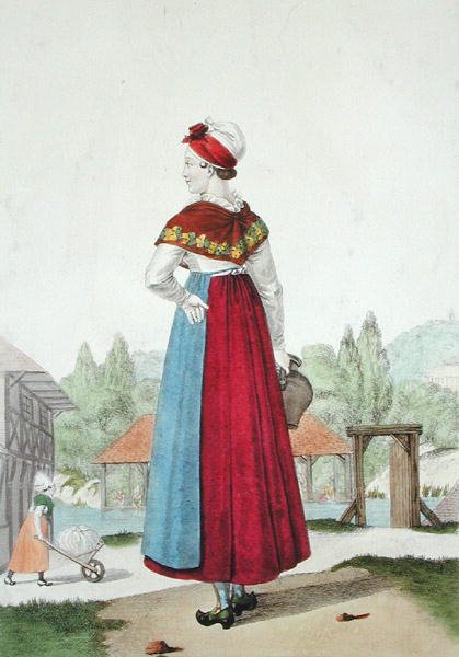 Traditionell dräkt av Lisieux, graverad av Gatine c.1820 (färgstick) av Louis Marie (after) Lante