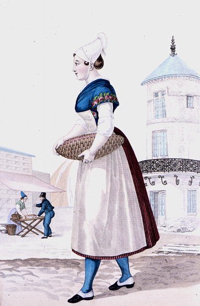 Traditionell dräkt av St. Valery en Caux, graverad av Gatine c.1820 (färgstick) av Louis Marie (after) Lante