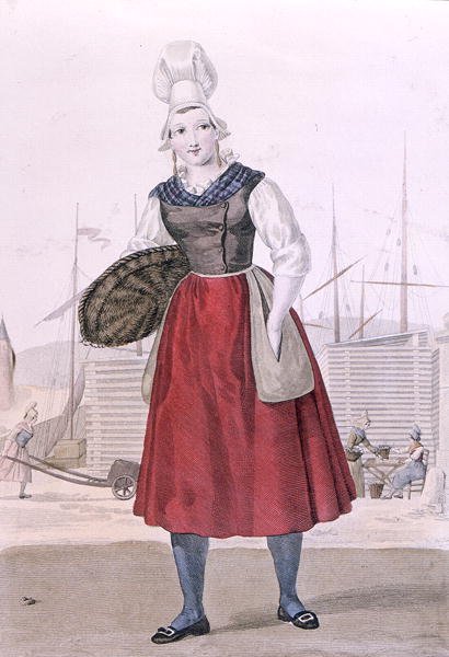 Traditionell dräkt av en fiskförsäljare av Dieppe, graverad av Gatine c.1820 (färggravyr) av Louis Marie (after) Lante