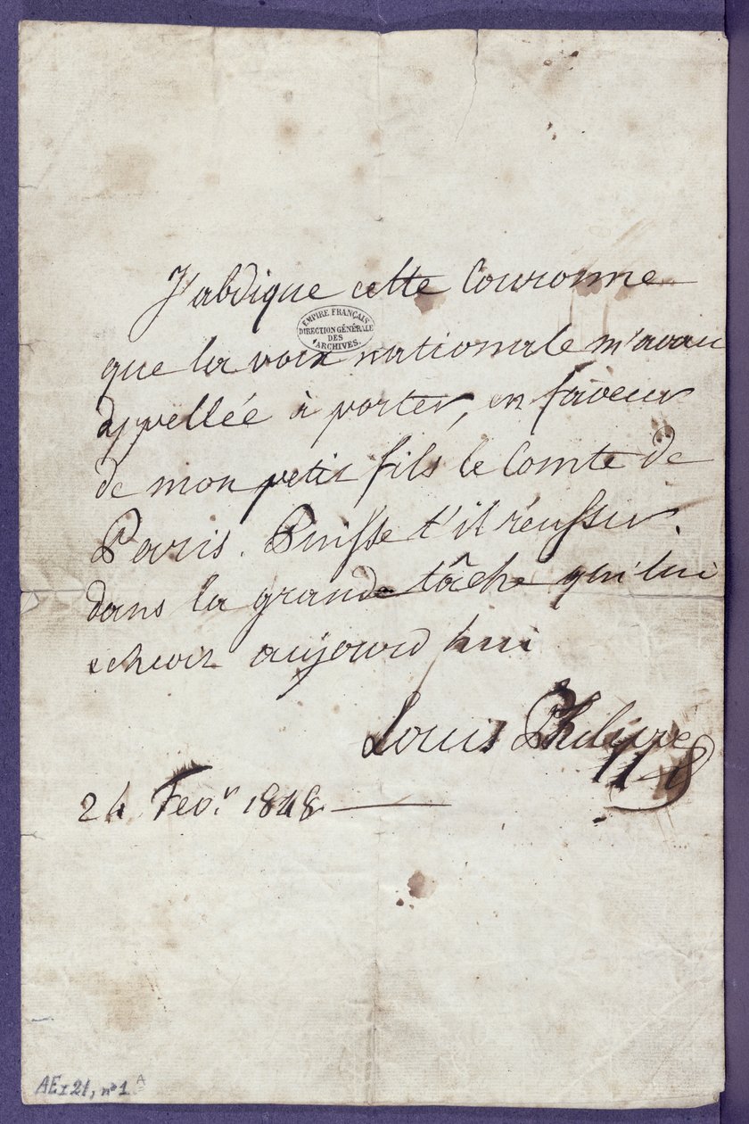 Louis-Philippes (1773-1850) tronavsägelse till förmån för sin sonson Louis-Philippe Albert dOrleans (1838-94), Comte de Paris, den 24 februari 1848. av Louis Philippe