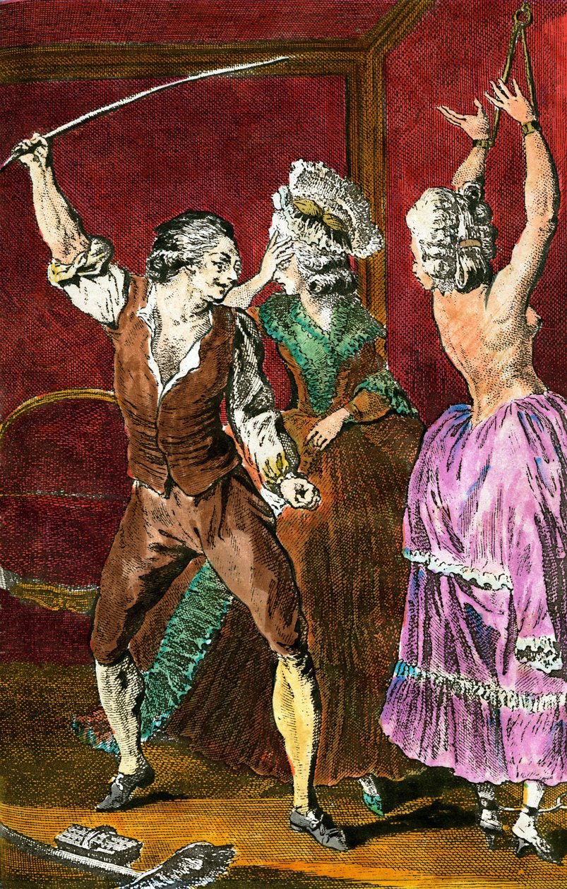 Erotik: medlemmar av adeln som hänger sig åt sadomasochistiska nöjen, en man piskar en kvinna fäst. Gravyr av Leroy efter en teckning av Louis Binet (1744-1800) för "Den perverterade bonden" av Restif de la Bretonne (1734-1806) 1775 av Louis (after) Binet
