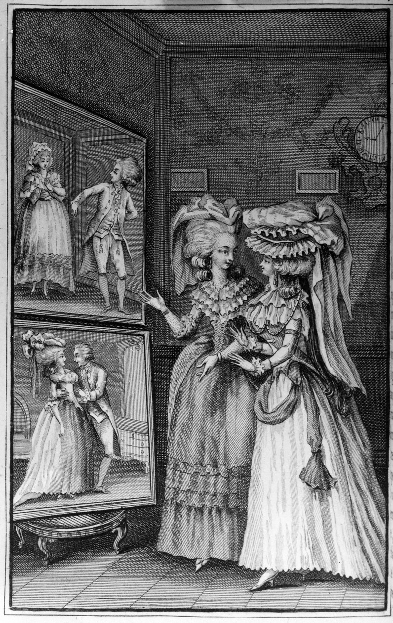 Illustration av Louis Binet (1744-1800) för boken av Nicolas Edme Restif de La Bretonne "" Les Parisiennes"", eller XL General Characters Taken in the Modern Moors, passform to serve a l’instruction des Person-du-Sexe, hämtade från memoarerna från det nya  av Louis (after) Binet