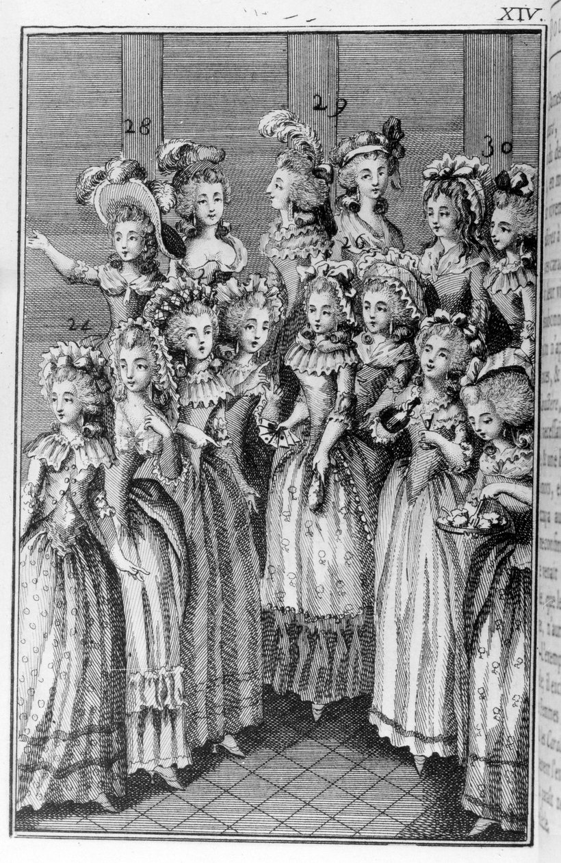 Illustration av Louis Binet (1744-1800) för boken av Nicolas Edme Restif de La Bretonne "" Les Parisiennes"", eller XL General Characters Taken in the Modern Moors, passform to serve a l’instruction des Person-du-Sexe, hämtade från memoarerna från det nya  av Louis (after) Binet