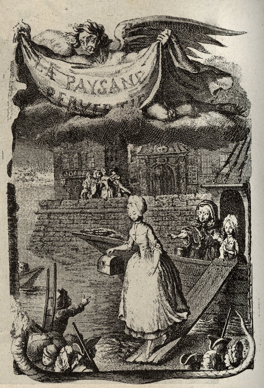 Illustration till "Den perverterade bonden eller stadens faror" av Restif de La Bretonne (1734-1806) fransk författare. Gravyr av Binet från 1700-talet. av Louis (after) Binet