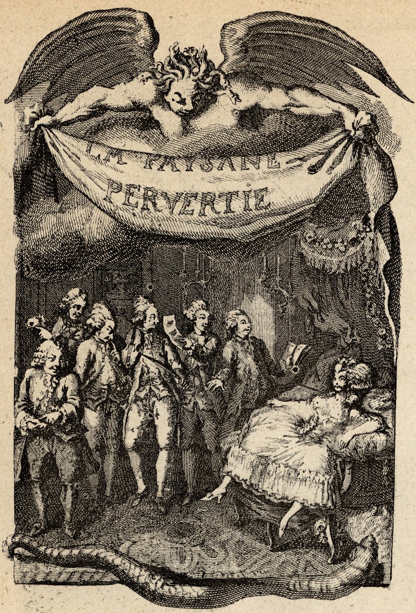 Illustration till "Den perverterade bonden eller stadens faror" av Restif de La Bretonne (1734-1806) fransk författare. Gravyr av Binet från 1700-talet. av Louis (after) Binet