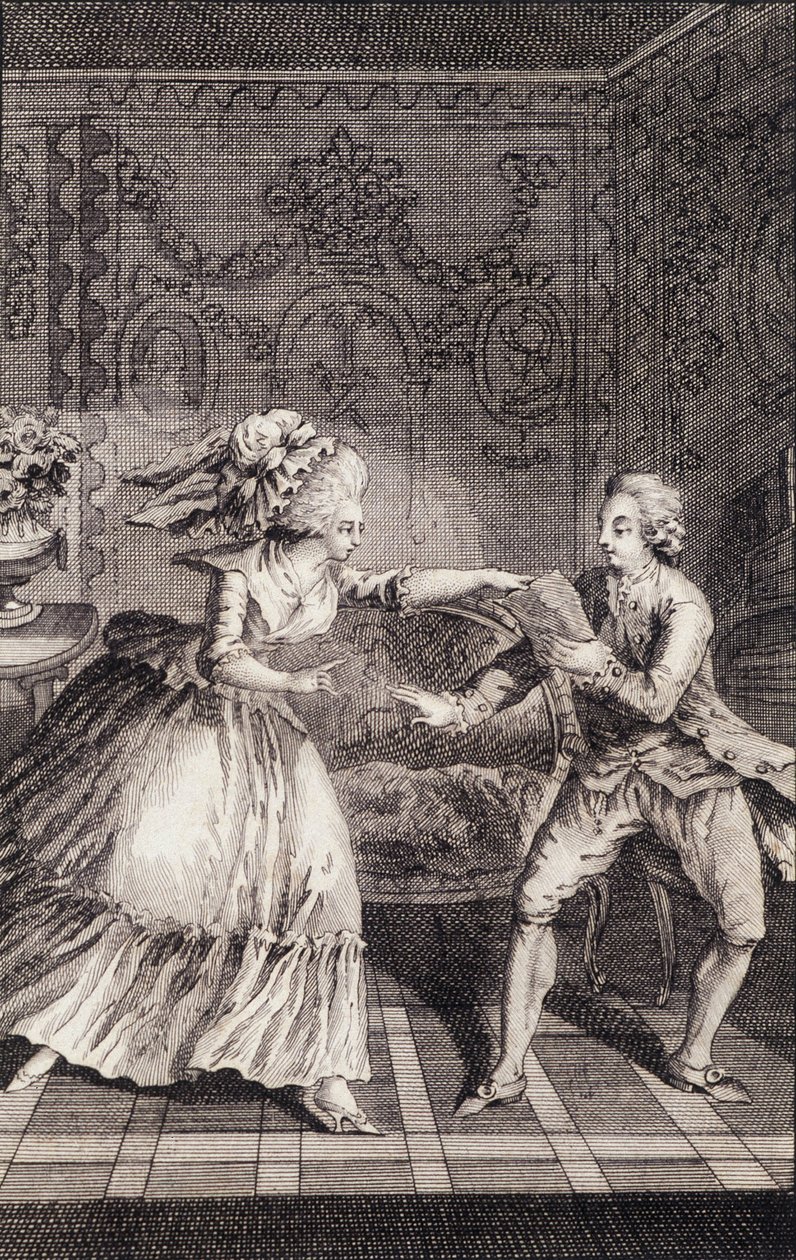 Den subtiliserade mjuka biljetten (libertinage) - i "" Les francaises ou 34 exempel utvalda i nuvarande sedvänjor för att leda döttrar, kvinnor, fruar, mödrar" av Restif de La Bretonne (1734-1806), ill. av Binet, Neufchatel av Louis (after) Binet